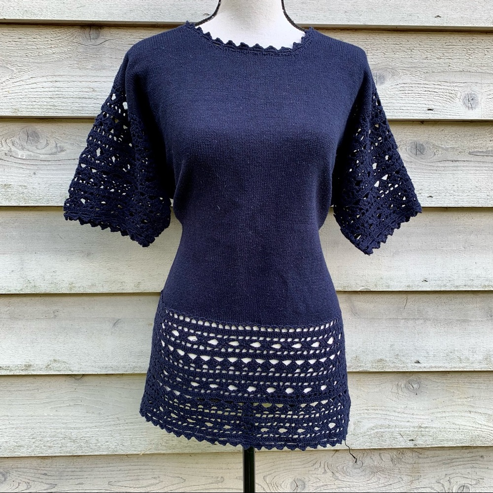 Vintage 90s Navy Blue Solid Print Crochet Trim Short Sleeve Knit Sweater Blouse